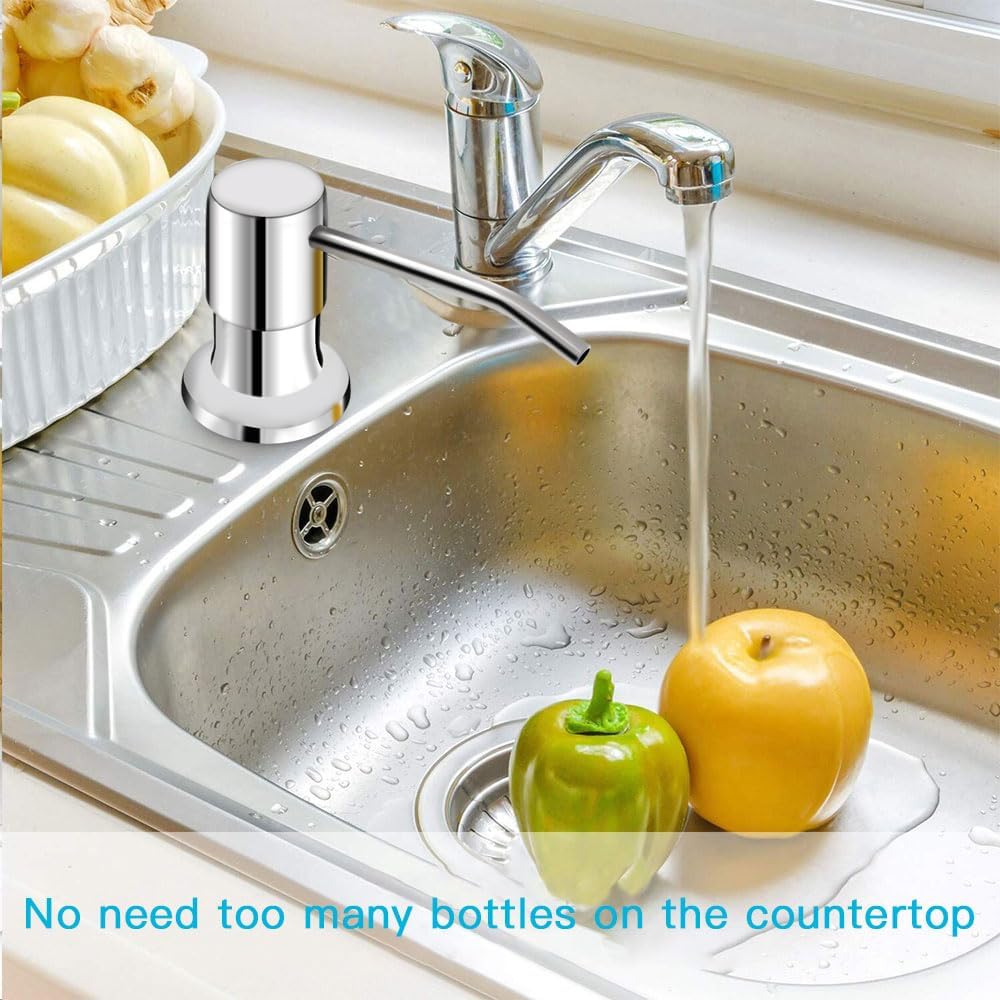 Dish Soap Dispenser for Kitchen Sink, Countertop Sink Soap Dispenser Water Pump with 47” No-Spill Extension Tube Kit Design for Kitchen Bathroom, No More Refills （Chrome）