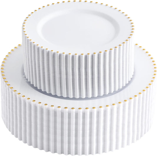 supernal 100pcs White Plastic Plates with Gold Trim Fancy Disposable Plates Includes 50 Plastic Dinner Plate and 50 Dessert Disposable Plate for Party,Wedding,Bridal Shower