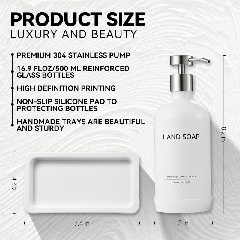 Glass Kitchen Soap Dispenser Set with Ceramic Tray,16.9 floz Hand and Dish Soap Dispenser for Kitchen and Bathroom Decor,White and Silver Kitchen Accessories(White Bottles + Silver Pumps)