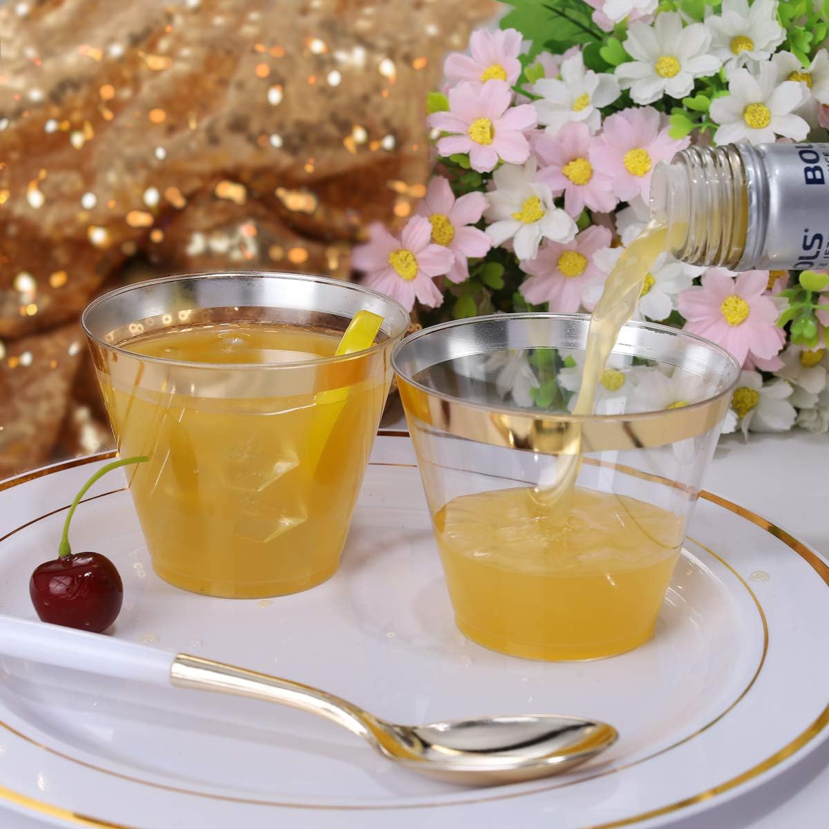 I00000 200 Pack Gold Plastic Cups, 9 Oz Elegant Clear Plastic Cups Gold Rimmed Disposable Wine Glasses Fancy Disposable Party Cup Wedding Cup Drinking Tumblers Cocktail Glasses Perfect for Party