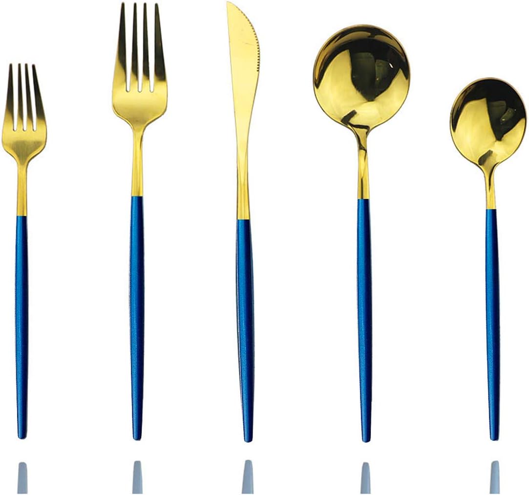 Blue Gold Silverware Set, JASHII 30-Piece Stainless Steel Satin Finish Flatware Set, Kitchen Utensil Set, Mirror Polished Tableware Cutlery Set for Home and Restaurant, Dishwasher Safe