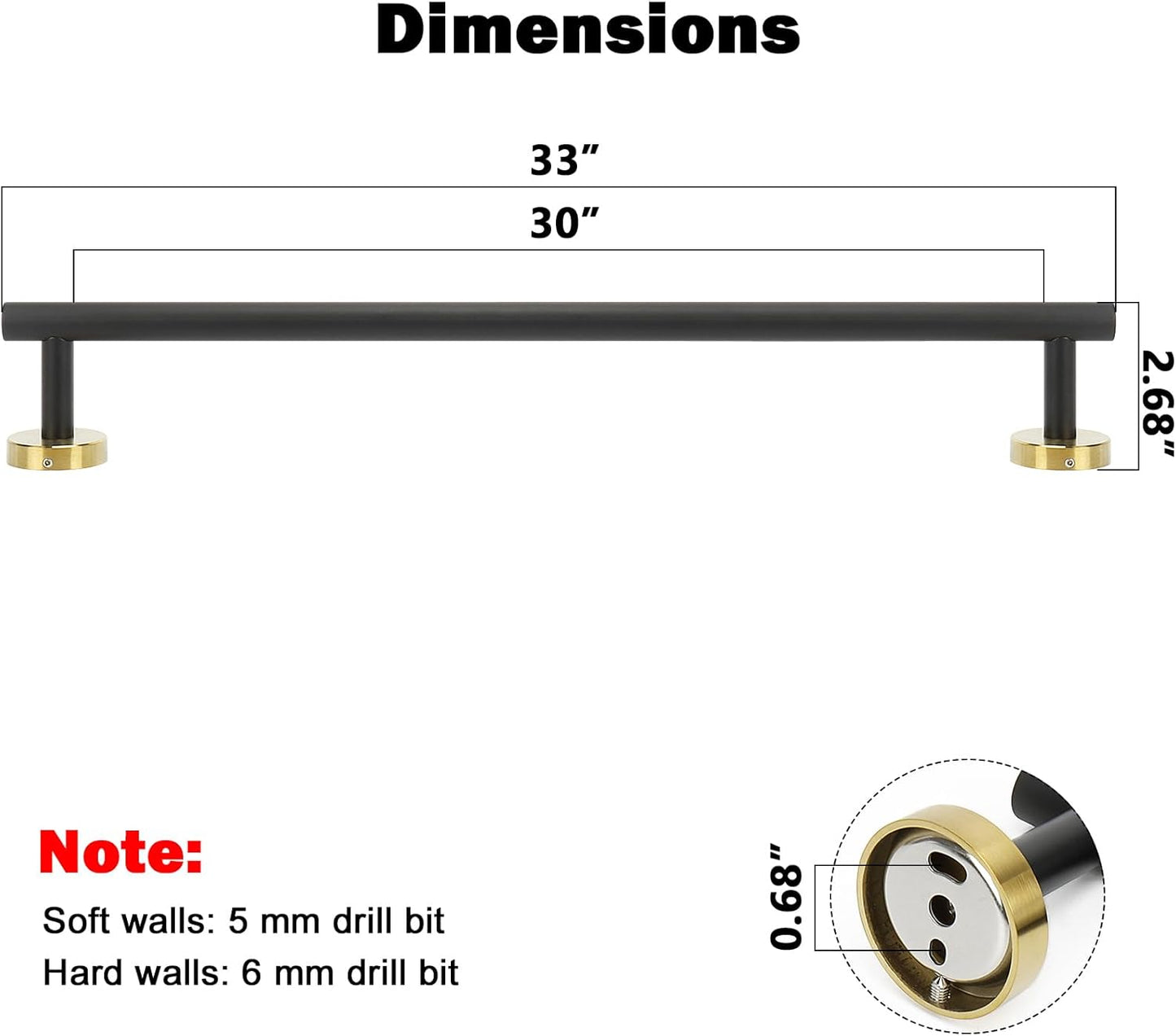 NearMoon Bath Towel Bar, Bath Accessories Thicken Stainless Steel Shower Towel Rack for Bathroom, Towel Holder Wall Mounted (1 Pack, Matte Black & Gold, 33 Inch)