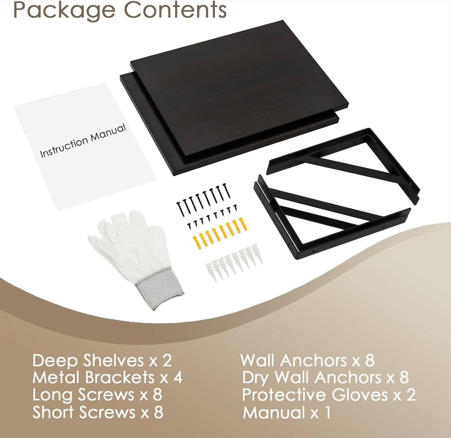 DINZI LVJ Deep Floating Shelves, 16" W x 12" D Wall Shelves Set of 2, Wide Display Shelf Wall Mounted with Brackets, Easy-to-Install Wall Bookshelf for Living Room, Bathroom, Bedroom, Espresso