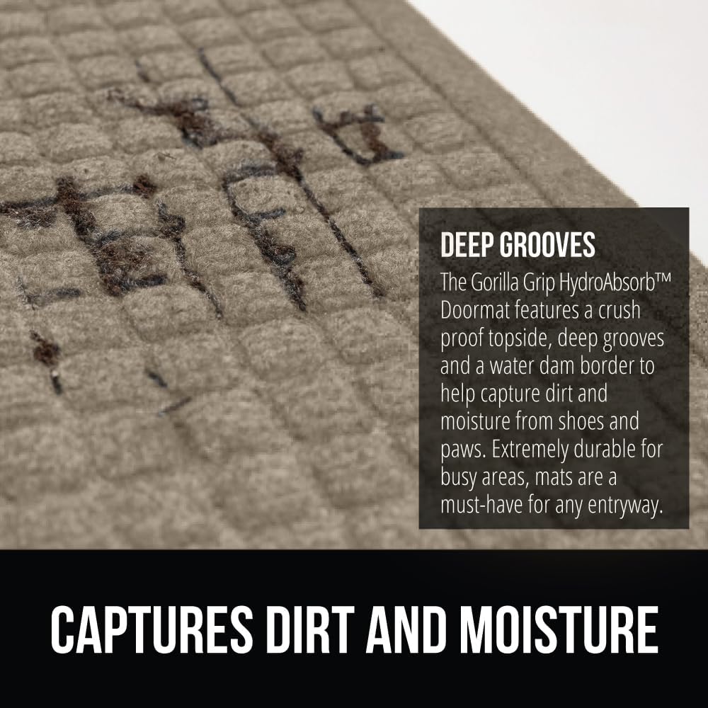 GORILLA GRIP Front Door Mat, 35x23, Indoor Outdoor Ultra Absorbent HydroAbsorb Doormat, Absorbs Up to 5.7 Cups of Water, Stain and Fade Resistant, Rubber Backing Doormats, Captures Dirt, Beige