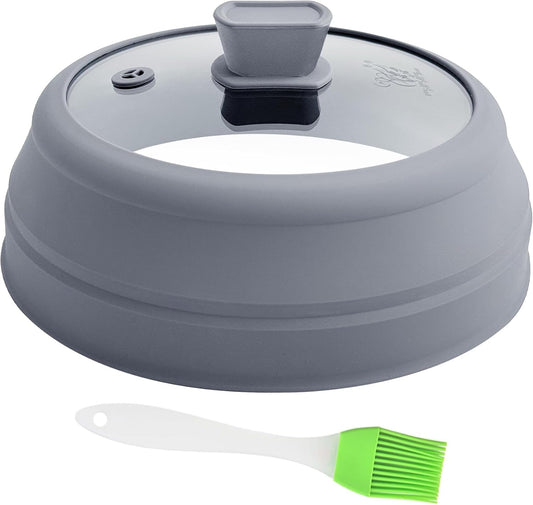 Microwave Splatter Cover Glass Microwave Cover for Food Collapsible Splatter Guard Lid with Silicone Handle for Pot Plate Bowl 9 Inch Grey