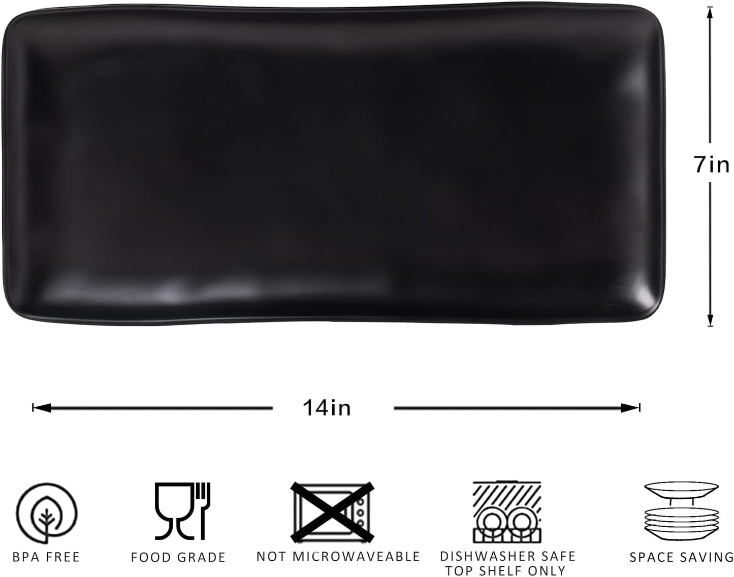 Melamine Rectangular Serving Platters and Trays set, set of 4,14” x 7” Matte Black Party Platter for Serving Food, Salad, Cheese and Fruits, Dishwasher Safe Trays/Platters for Entertaining