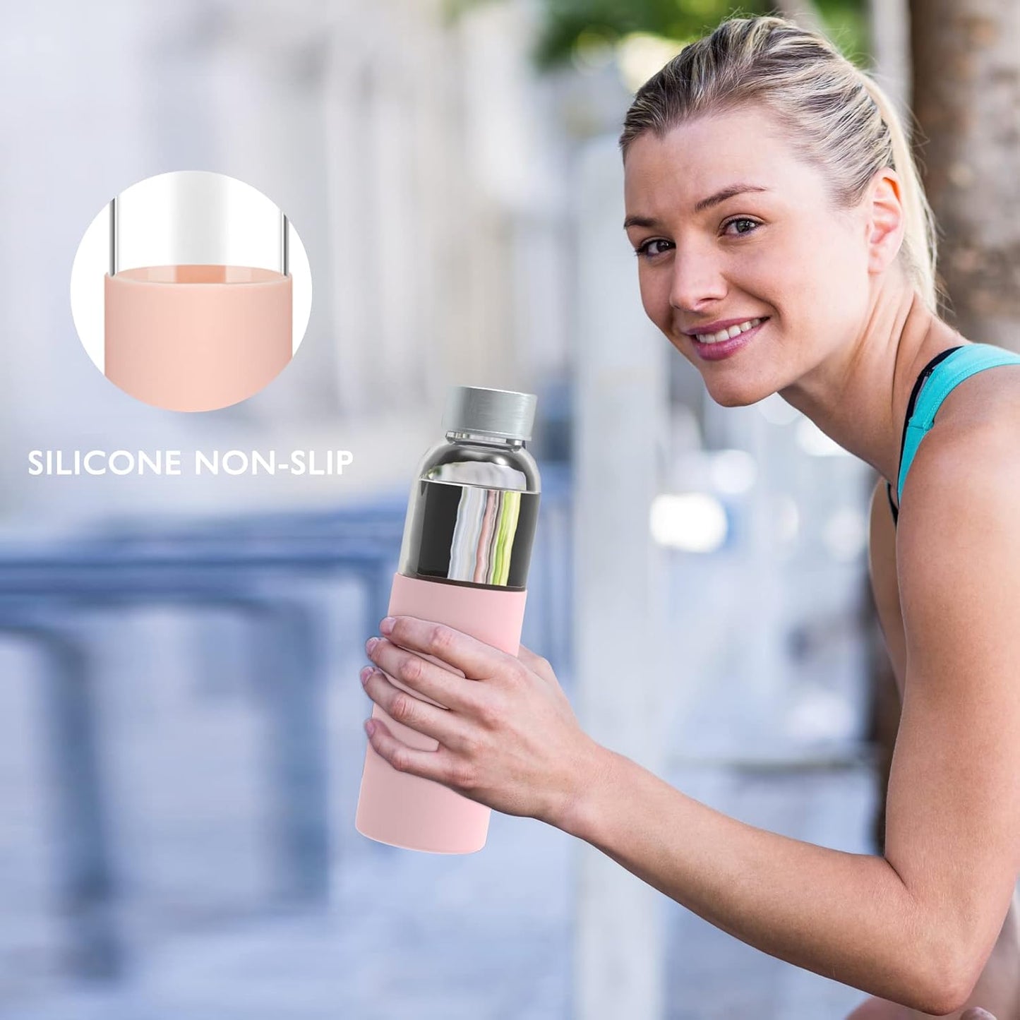 18 oz Glass Bottles with Lids and Silicone Sleeve, Reusable Glass Juice Bottles with Stainless Steel Cap for Juicing, Refrigerator,100% Leak Proof, BPA Free,Glass Water Bottles Set of 10