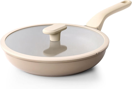 Nonstick Frying Pan with Lid, Healthy Skillet, Egg Pan Nonstick Omelet Pan Chef's Pan, PFOA & PTFE Free, Induction Compatible (10 Inch W/L Natural Linen)