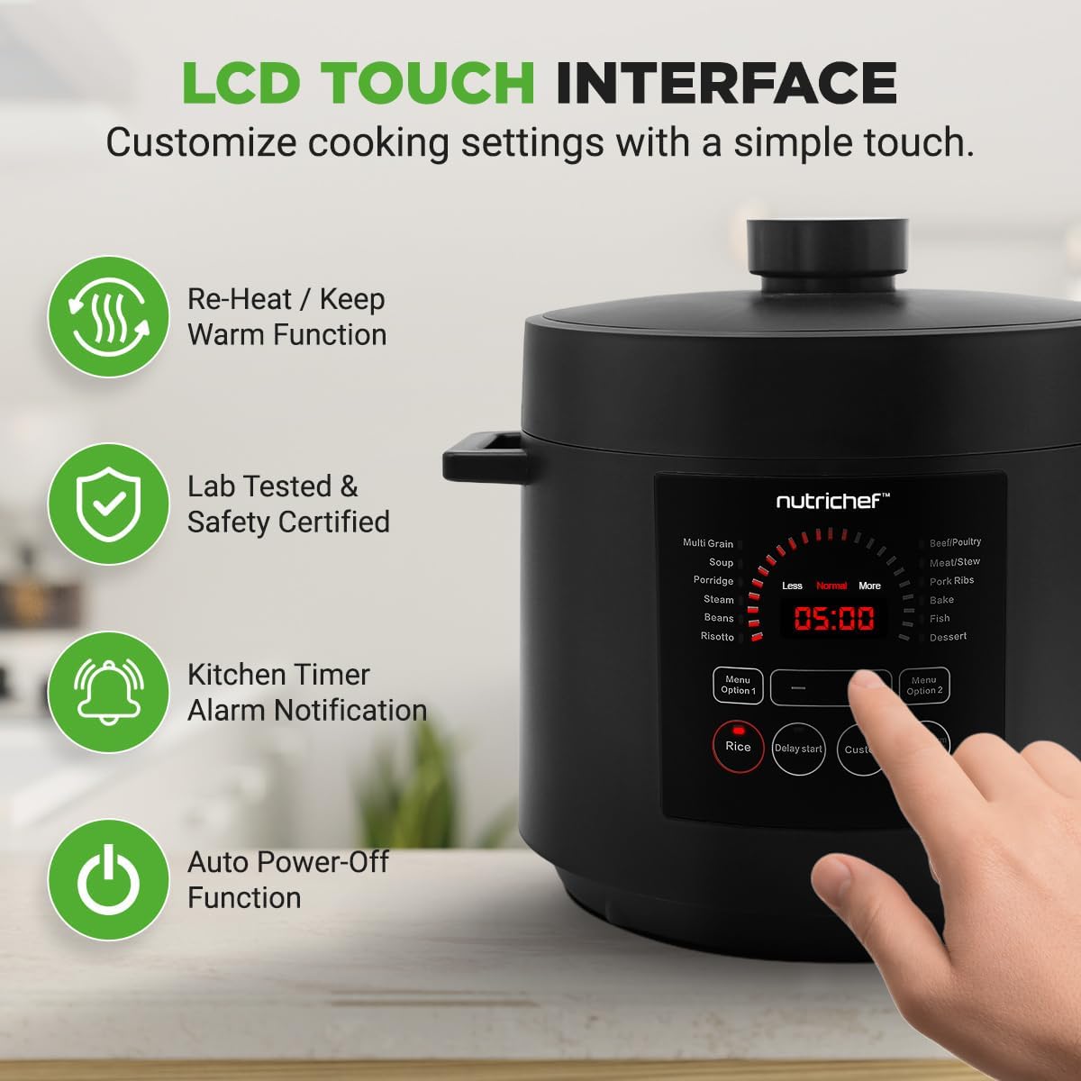 NutriChef Electric Pressure Cooker 6 Quart Capacity | 9 Function Digital Countertop Pressure Cooker | Adjustable Time & Temperature | Cook, Bake, Steam, Broil, & Braise | 13.1 x 11.4 IN | Black