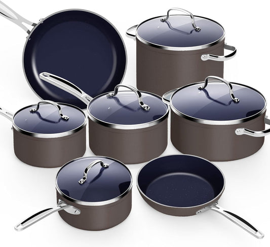 Nuwave 12pc Forged Lightweight Cookware Set, G10 Healthy Duralon Ceramic Ultra Non-Stick Coating, Vented Tempered Glass Lids, Stay-Cool Handles, Induction-Ready & Works on All Cooktops, PFAS Free