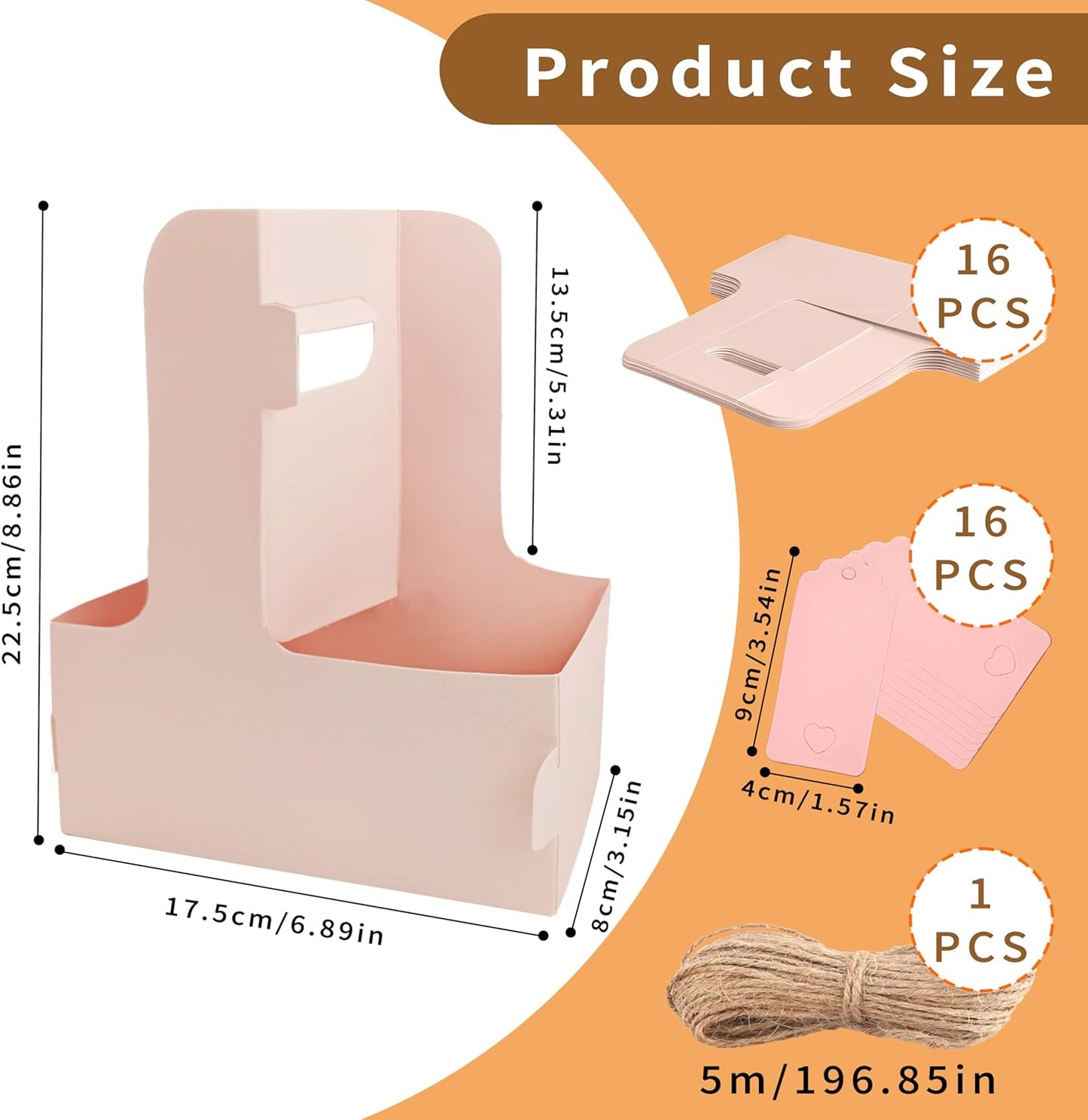 2 Cup Drink Carrier,16 Pack Coffee Cup Holders with Handle,Cardboard Cup Holders for Hot or Cold Drinks,Coffee Carrier with Ribbon and Card,Food Delivery Services and Bouquet(Pink)