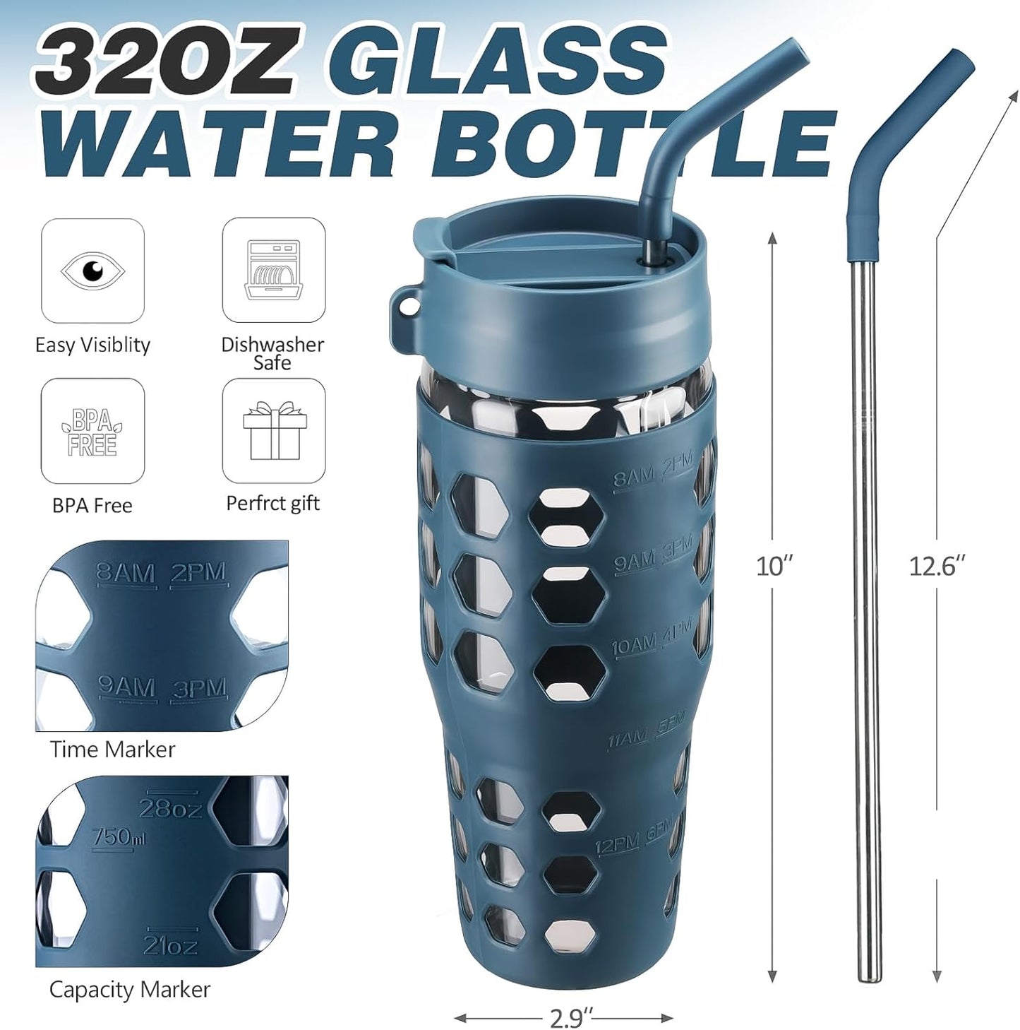 MUKOKO 32 oz Glass Tumbler with Straw,Glass Water Bottles with Time Marker,Iced Coffee Cup with 2 Lids-Handle Spout Lid&Straw Lid,Silicone Sleeve,Leakproof,1 Pack-Blue