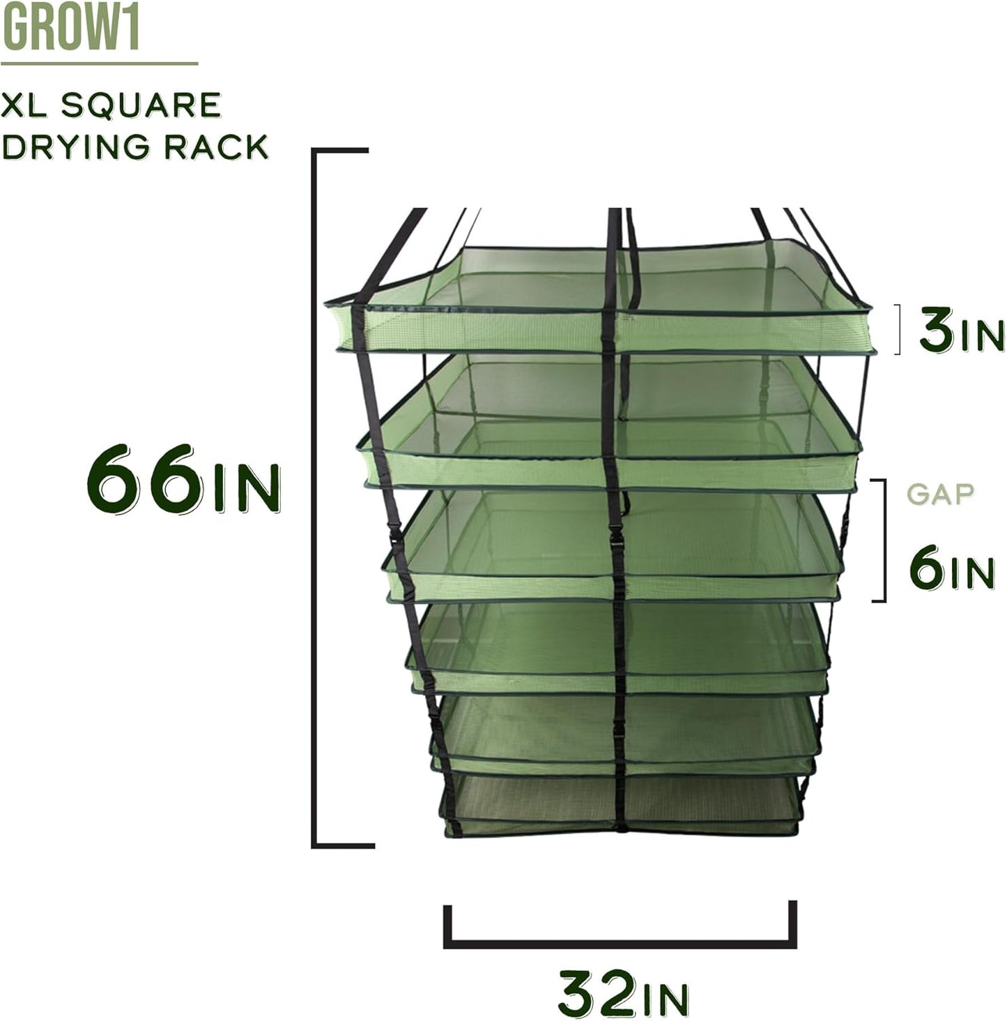 Grow1 XL Square Drying Rack 6-Layer 32x32in Collapsible Mesh Herb and Flower Hanging Dryer with Carrying Case and Center Support Strap