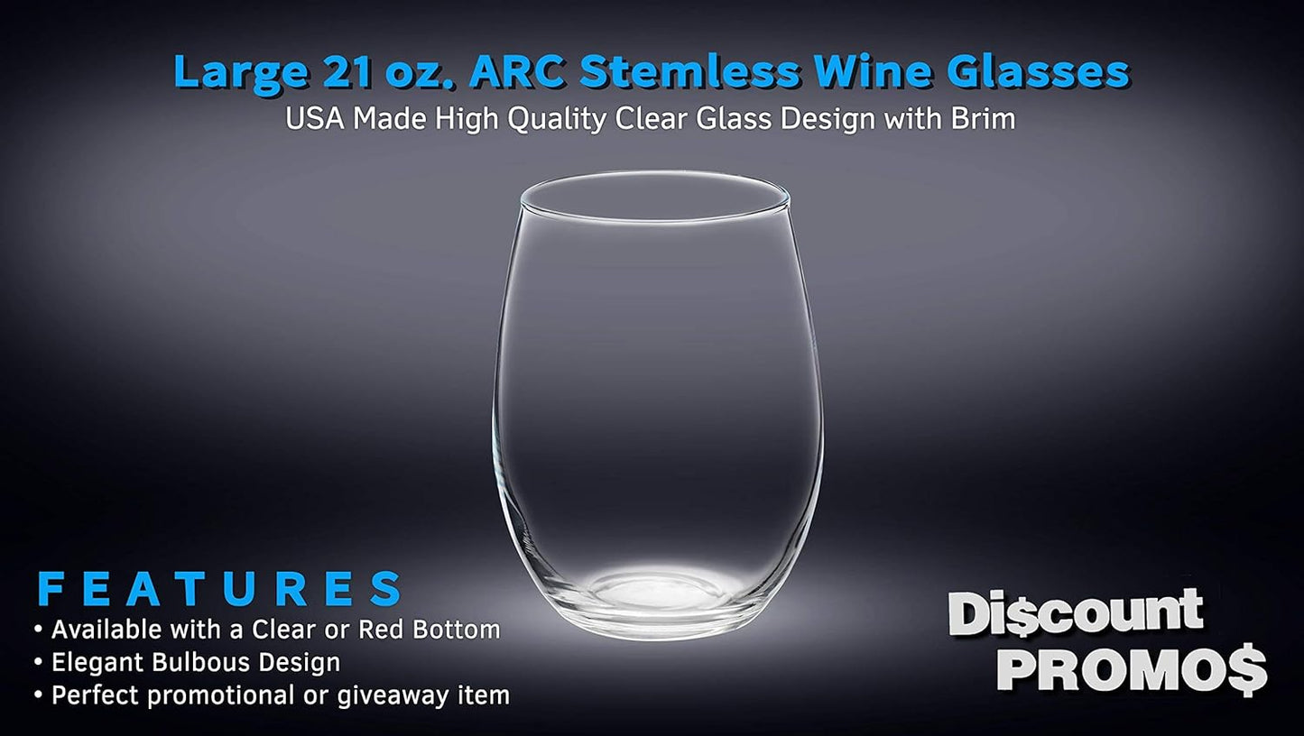 DISCOUNT PROMOS 10 ARC Stemless Wine Glasses Set, 21 oz. - Chardonnay, Cabernet, Merlot, Sauvignon - Clear
