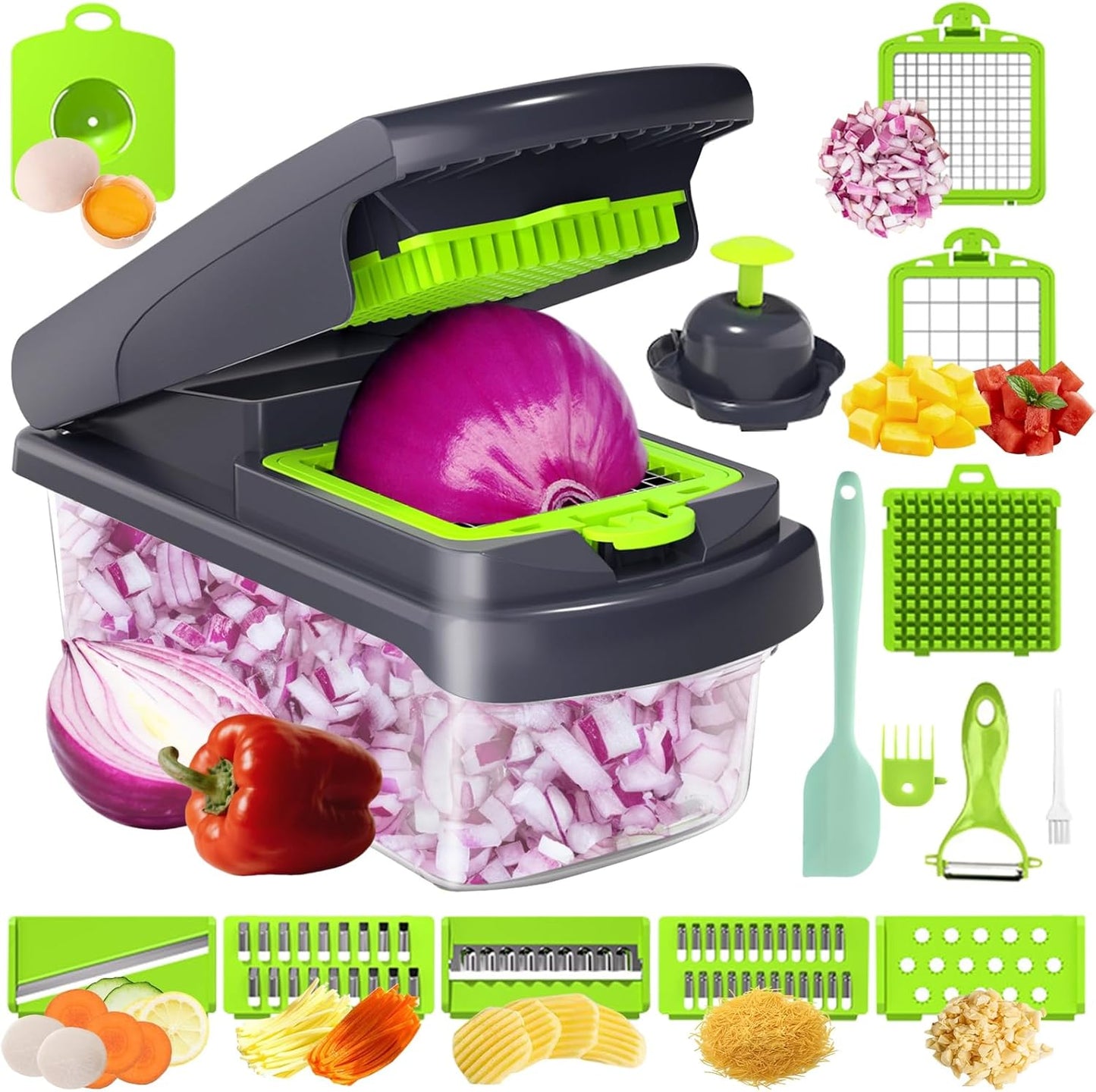 2025 UPGRADE,Vegetable Chopper,BPA Free Veggie Chopper with Container & Lid,16-in-1 Multifunctional Salad Cutter,Onion Dicer,Cucumber Slicer & Egg Separator,Kitchen Gadgets with Safety Guard