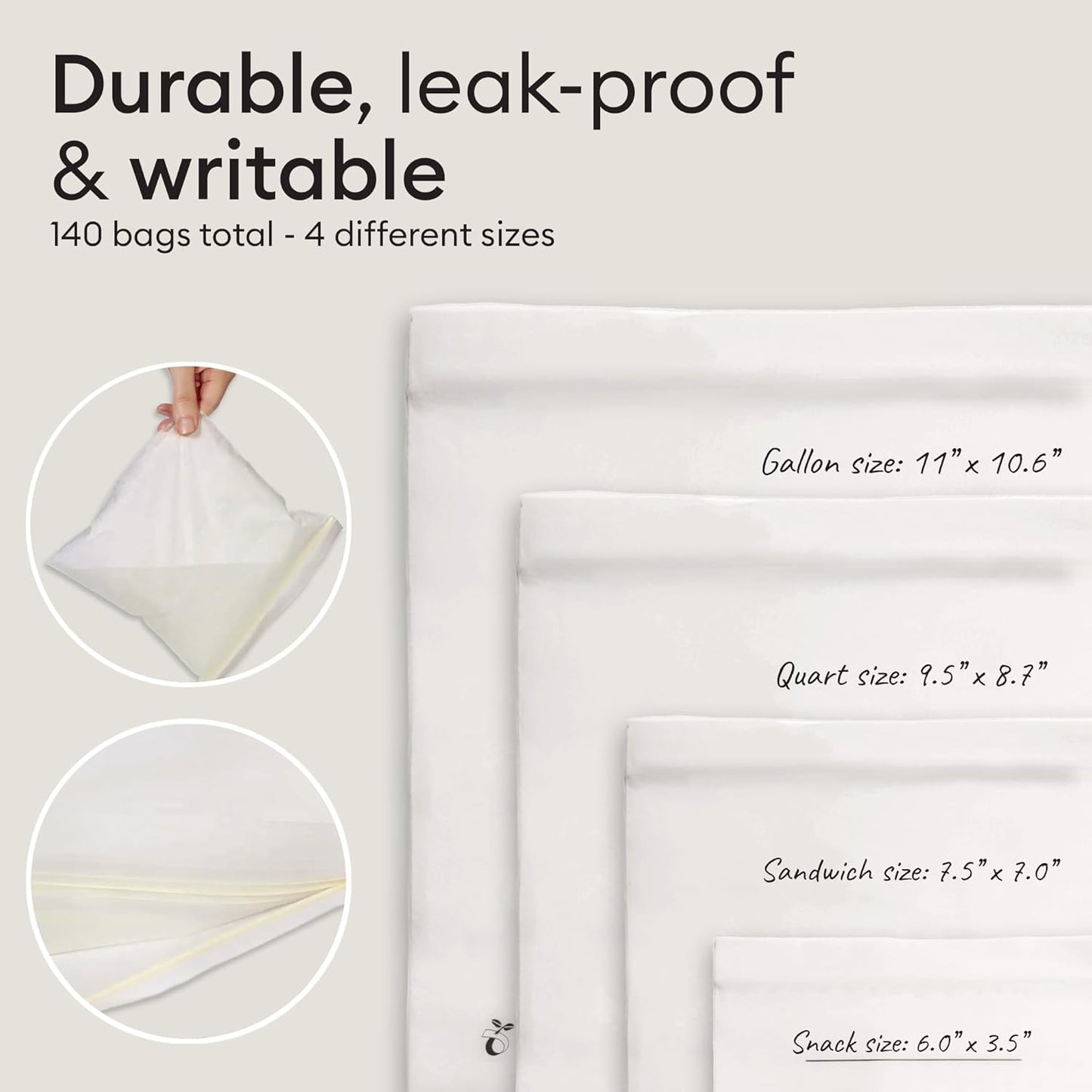 Vove Compostable Storage Bag Bundle, 140 Count Multi-Size S/M/L/XL – Freezer Safe, Resealable, Non Toxic Bags for Food, Meal Prep & Snacks, Plastic-Free Eco Bags