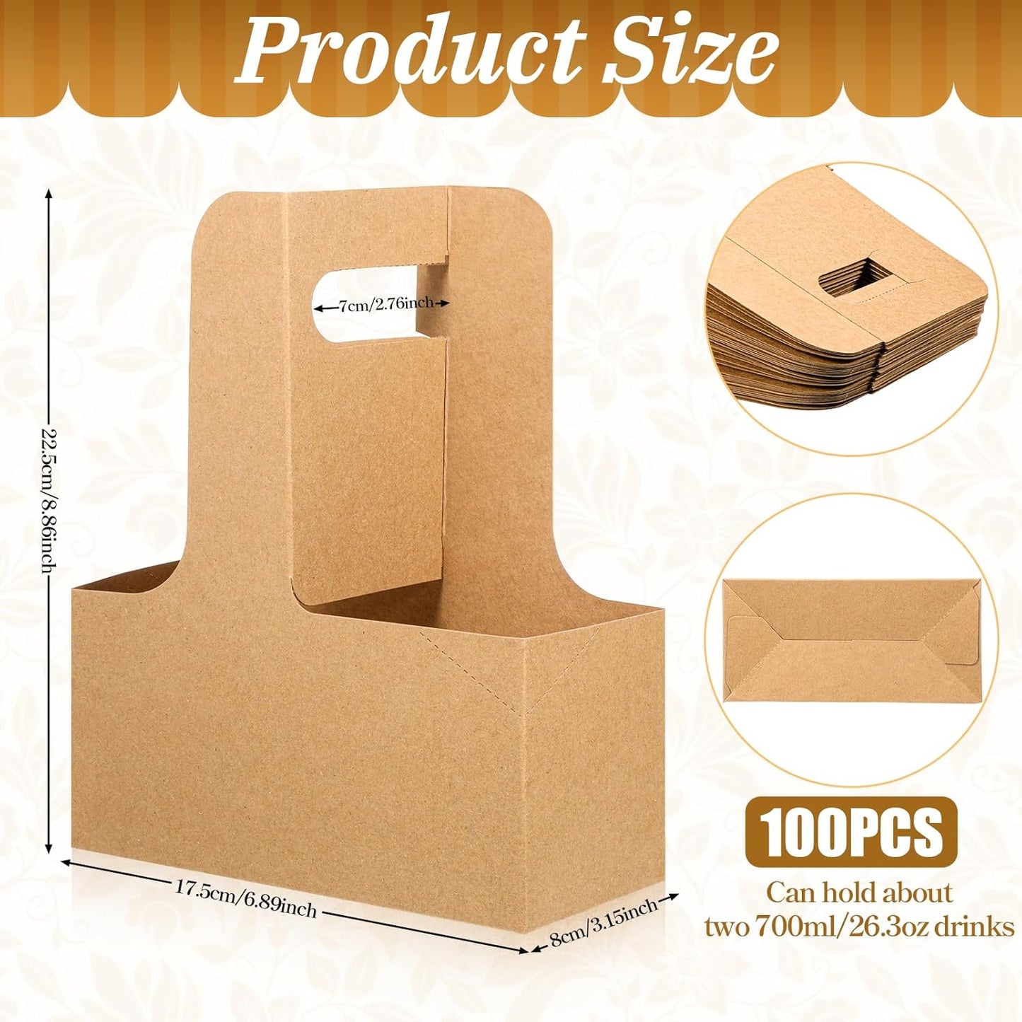 100 Pack 2-Cup/4-Cup Paper Drink Carrier with Handles, Disposable Brown Paperboard Cup Holder for Delivery Foldable Beverage Tray for Hot/Cold Drinks, Coffee to Go, Takeout