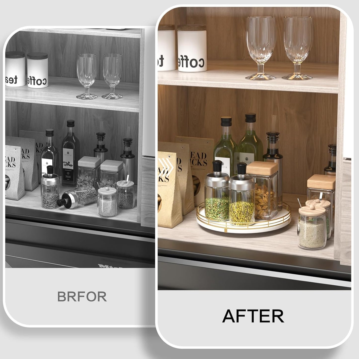 10" Wooden Lazy Susan Turntable for Cabinet – Rotating Spice Rack Organizer, Small Kitchen Countertop Tray for Dining Table & Pantry Storage (White & Gold)