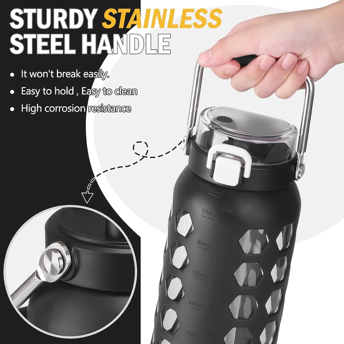 MUKOKO 64oz Glass Water Bottles with Straw and Lid,Half Gallon Water Bottle with Time Marker,Large Glass Water Jug with Silicone Sleeve and Stainless Steel Handle-Black