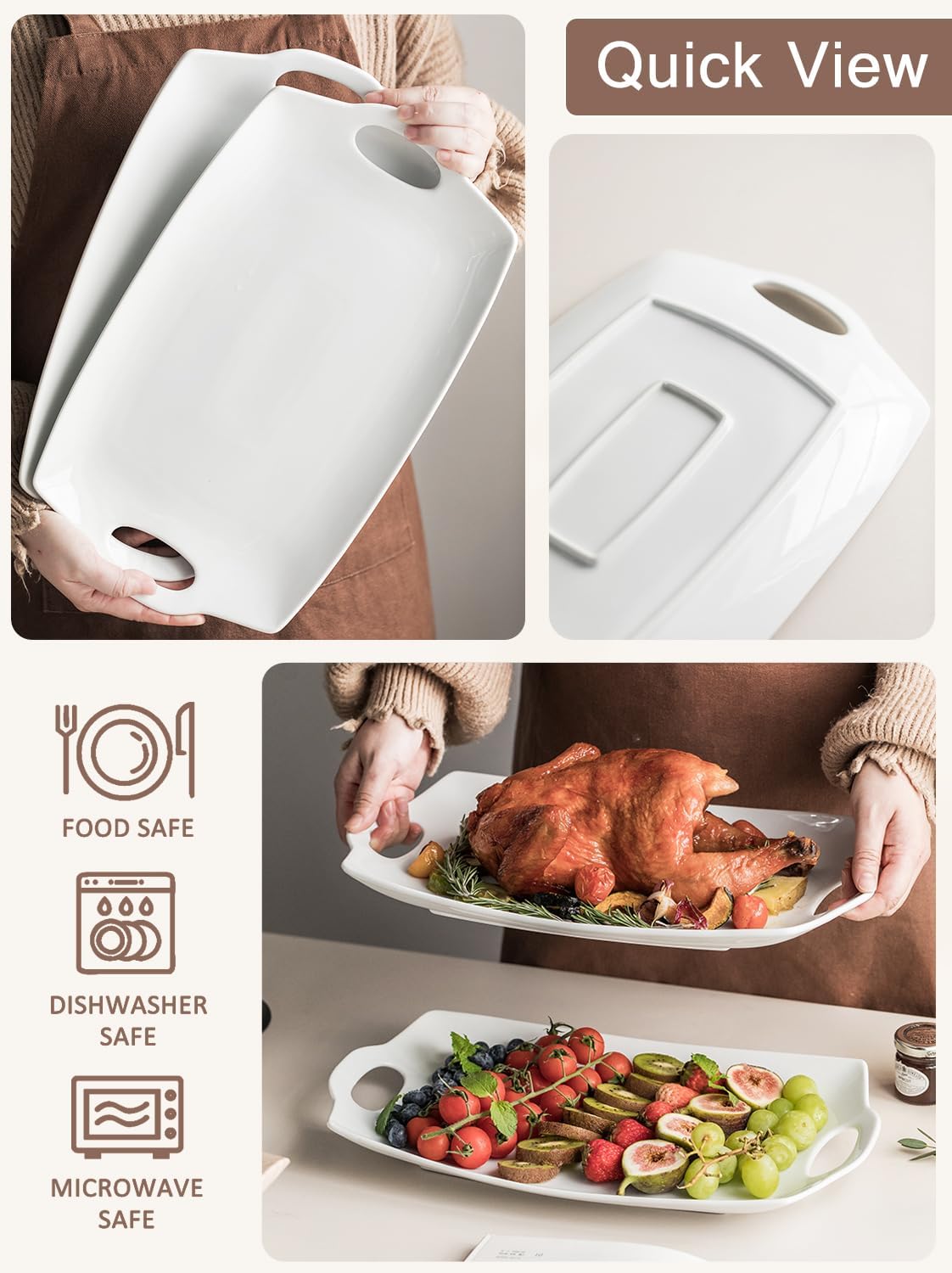 Turkey Serving Platter for Entertainment, Serving Tray with Handles Large, Party, Display, LYEOBOH 16 inch Rectangle Porcelain Platters Set of 2, White