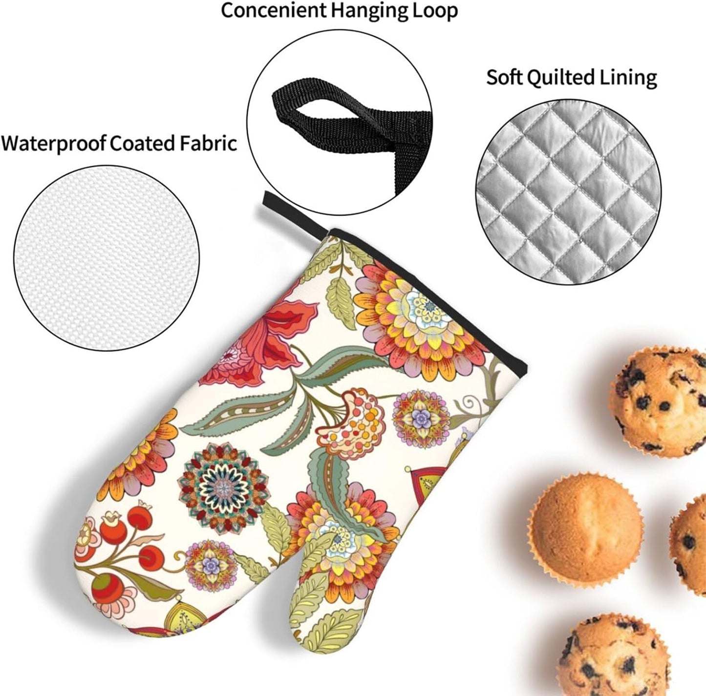 Boho Floral Oven Mitts and Pot Holders Sets of 3 Heat Resistant Hot Pads Colorful Flower Decorative Oven Gloves for Cooking Grilling Baking Kitchen Decor