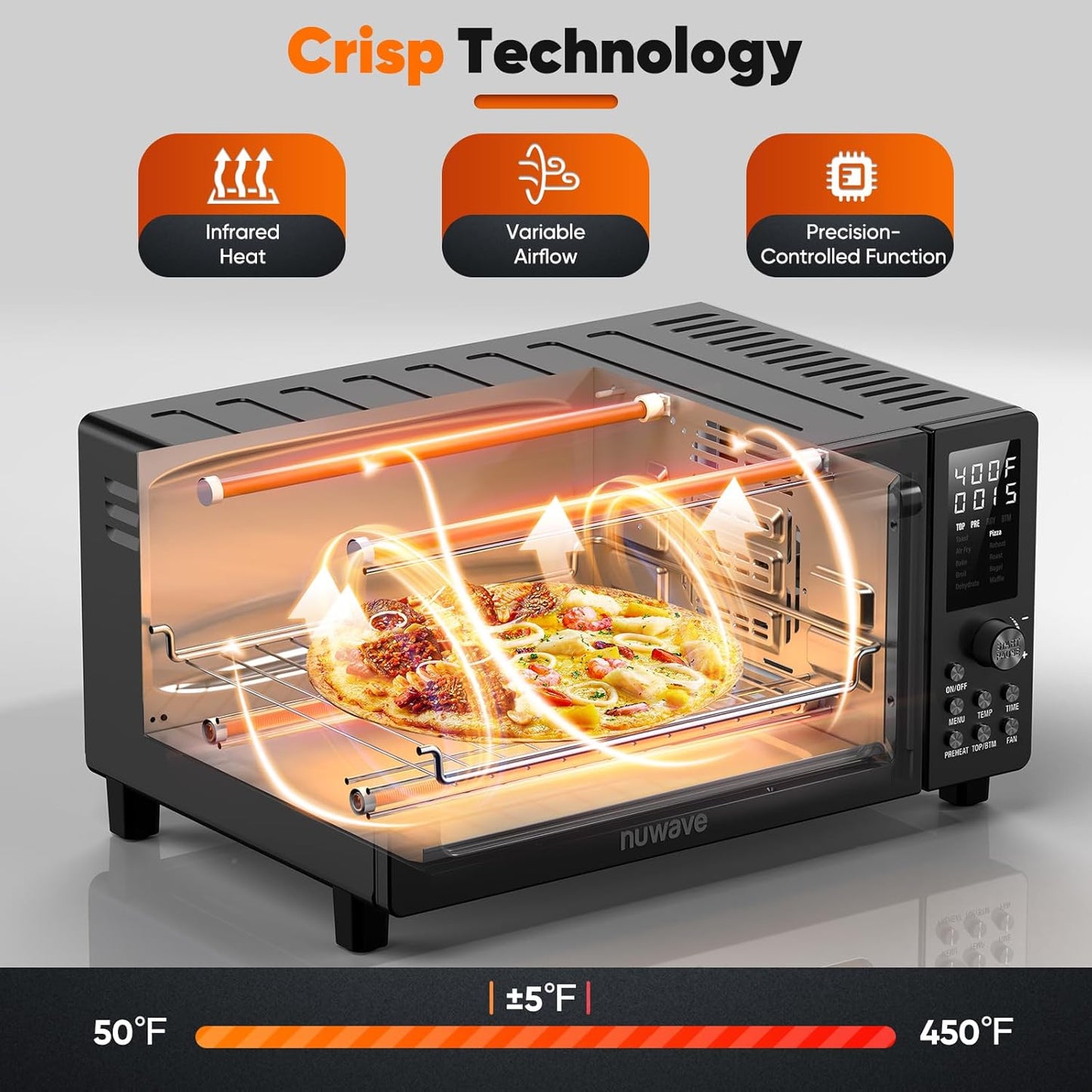 Nuwave Bravo Pro Convection Air Fryer Toaster Oven Combo, 2025 New and Improved, 10-in-1, 50°-450°F Temp Controls, Quick & Even Crisp Technology, 21Qt Capacity, Black, PFAS Free