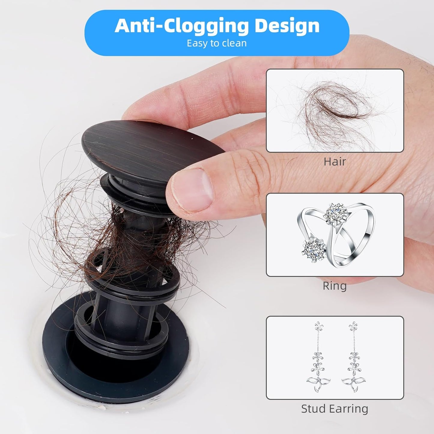 Hibbent 2 Pack Universal Bathroom Sink Drain Stopper, Pop Up Drain Strainer with Overflow, Push and Seal Sink Plug with Basket for Lavatory Vanity Vessel, Anti-Clogging Strainer, Oil Rubbed Bronze