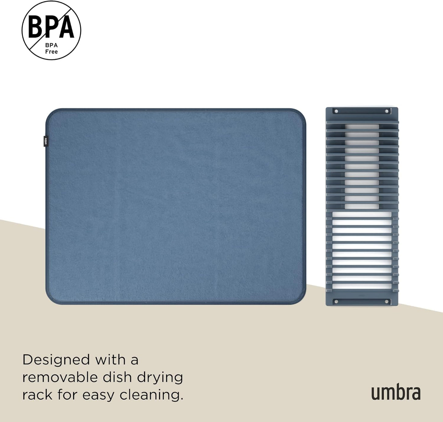 Umbra Udry Dish Rack and Microfiber Drying Mat – Space-Saving Design Folds Up for Easy Storage, Basic Rack, Slate Blue