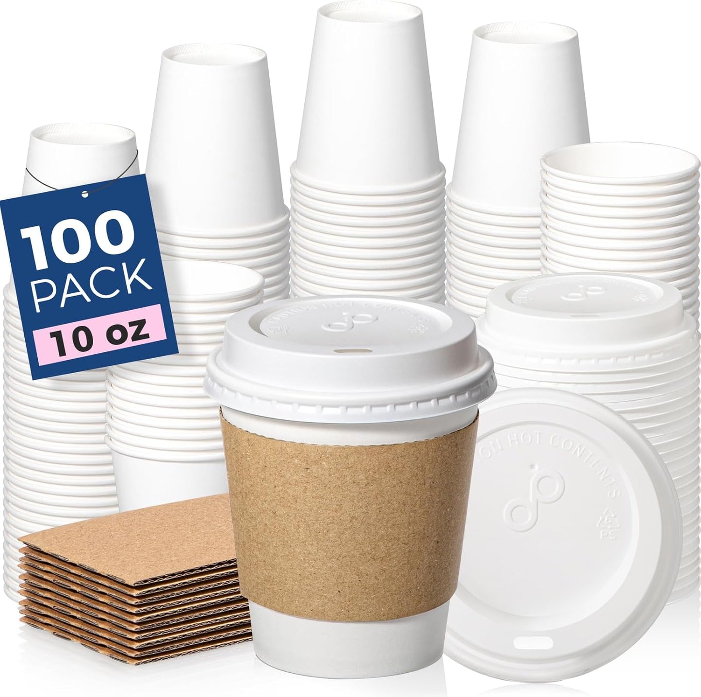 Fit Meal Prep 100 Pack 10 oz Disposable Coffee Cups with Lids, Sleeves, Leak-Proof To Go Coffee Cups with Lids, Durable Hot Paper Cups for Home, Office, Party, Business