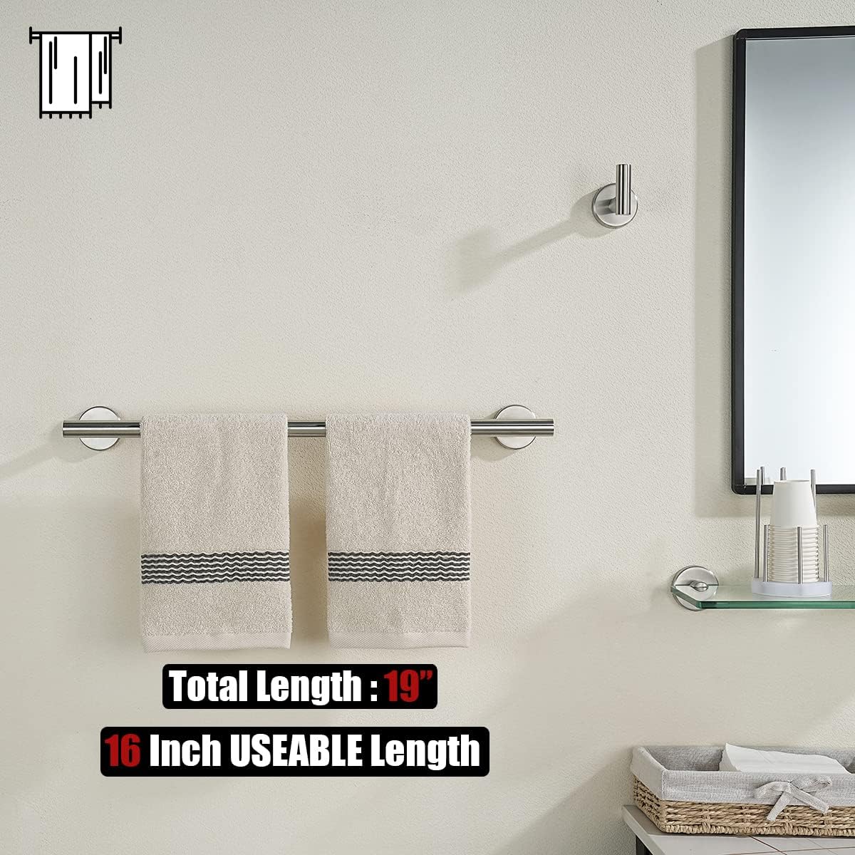 JQK Towel Bar Brushed Steel, 19 Inch 304 Stainless Steel Thicken 0.8mm Towel Rack Bathroom, Towel Holder Wall Mount, Useable Length 16 Inch TB110L16-BN