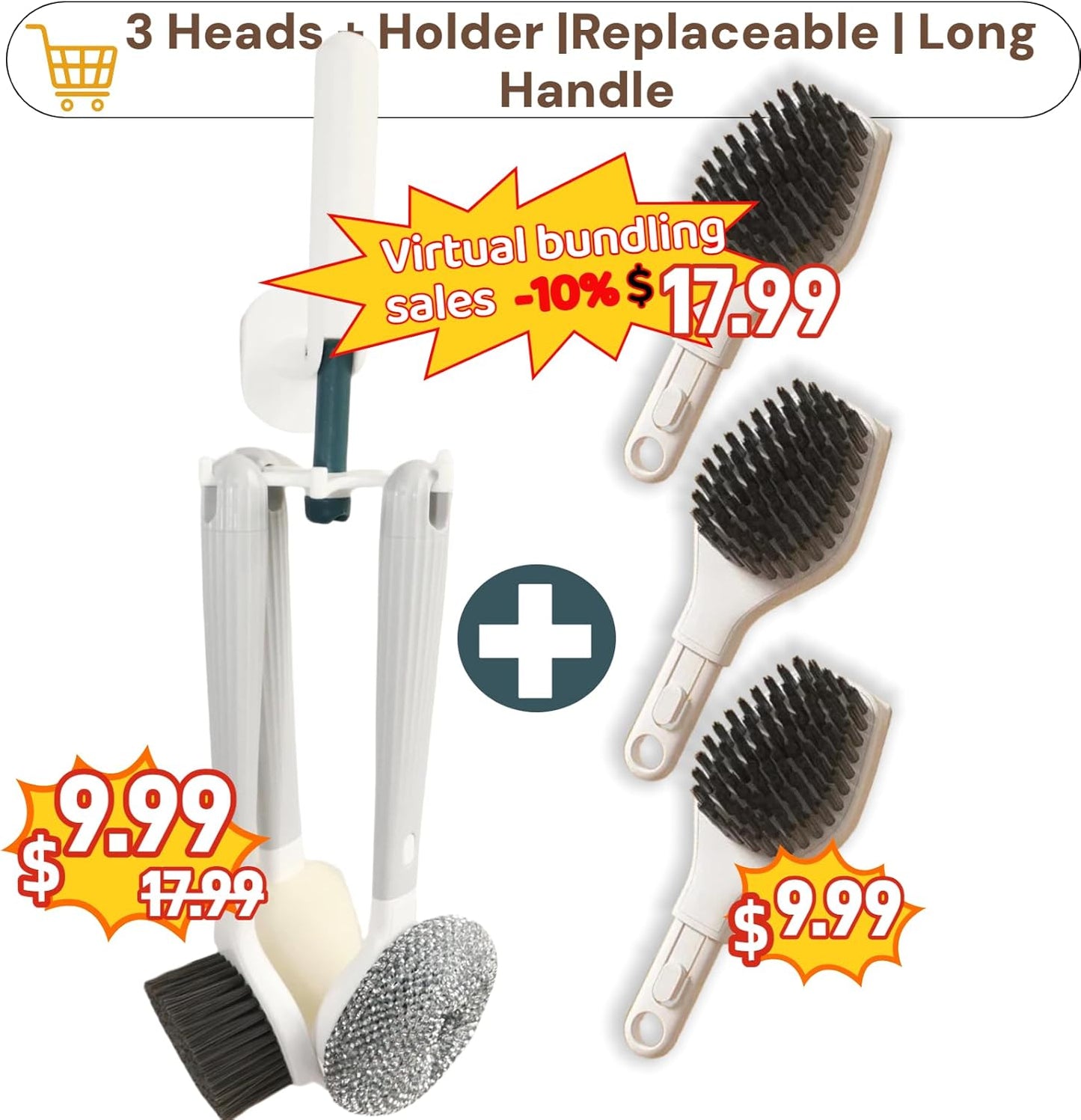 Dish Brush with Handle,4-Pieces Dish Brush Set with Holder,Replaceable Brush Heads Long Handle Kitchen Scrubber,for Pots,Sink,Pans &Bottles.Gray