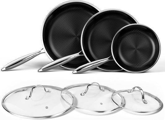 Nonstick Titanium Ceramics Stainless Steel Frying Pan Set, 6 Pieces Nonstick Honeycomb Stainless Steel Frying Pan Set, Non Stick Egg Omelet Cooking Pan Set, Induction Compatible, PFAS Free