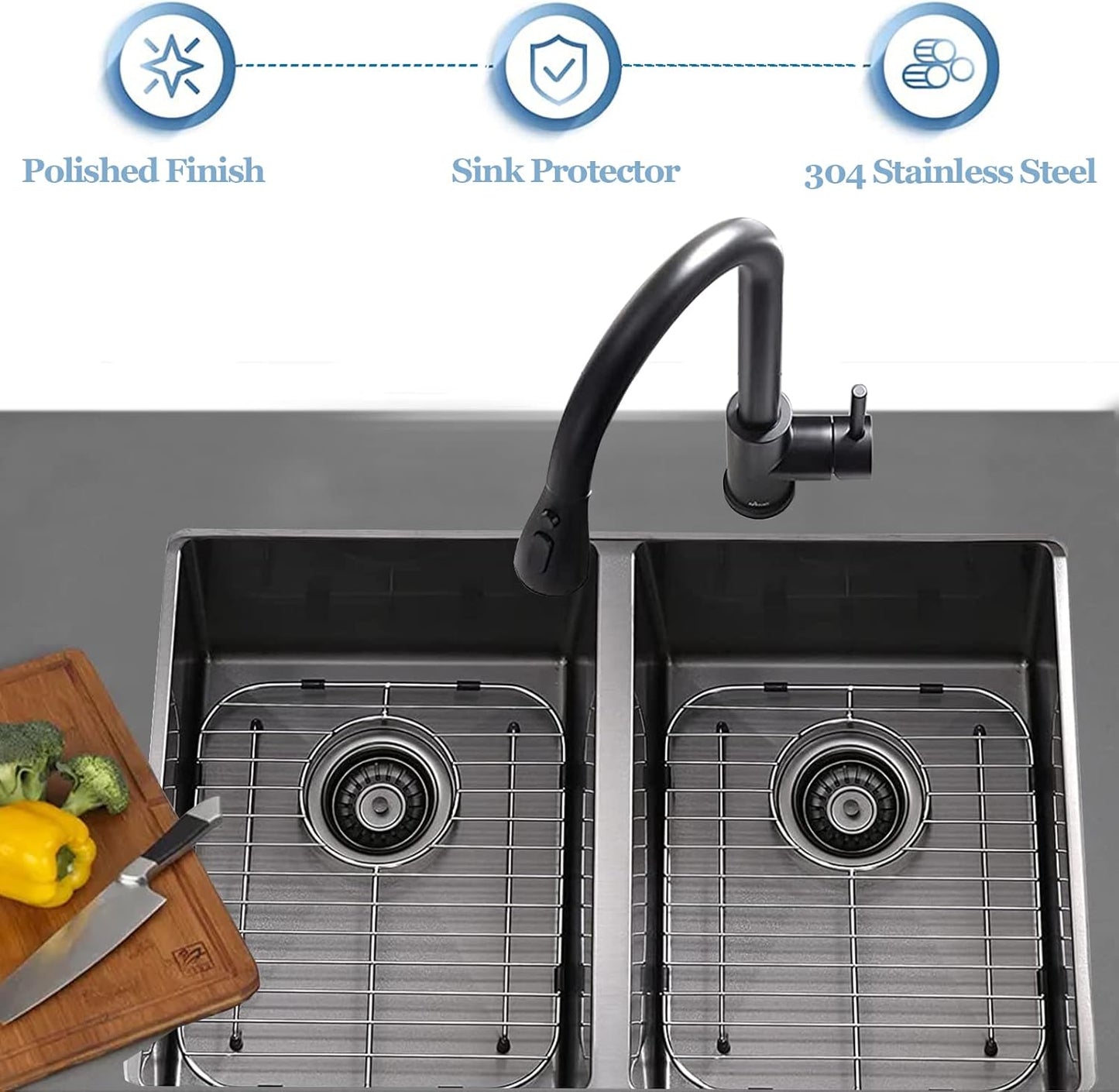 Orgneas Sink Protectors for Kitchen Sink, Universal Double Bowl Sink Bottom Grid 13.2"x11.6"x1.25", 304 Premium Stainless Steel Kitchen Sink Protector Grid Sink Grate Rack Rear Drain 2 Packs