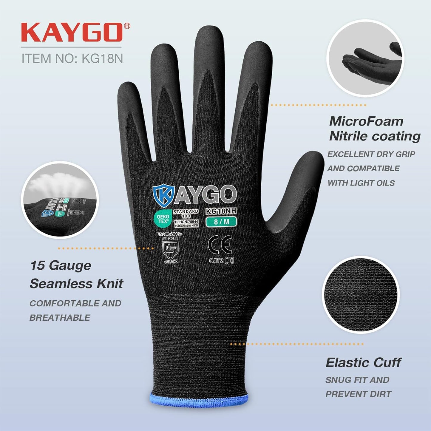 KAYGO Safety Work Gloves MicroFoam Nitrile Coated, 3 Pairs KG18NB,Seamless Knit Nylon Glove with full fingers Touchscreen, Ideal for Automotive,Warehouse,Construction (S, Black)
