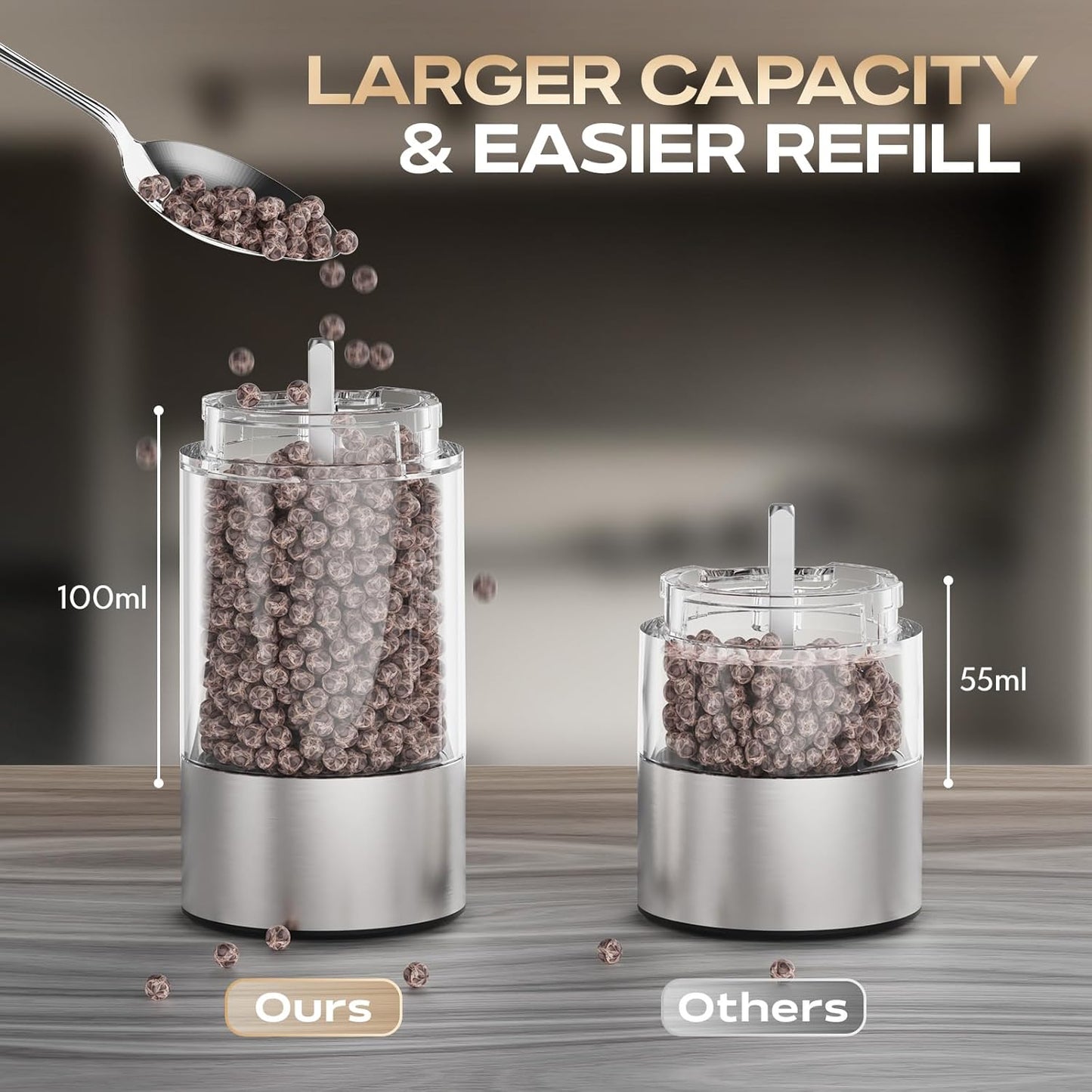 Electric Salt and Pepper Grinder Set, Rechargeable Automatic Salt Pepper Shakers Mills, Adjustable Coarseness Easy Filling with Base, for Kitchen Outdoors Gift- 2 Packs, Silver Stainless Steel