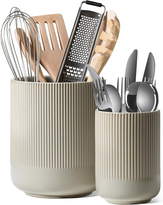 LE TAUCI Utensil Holder, 7.3"+5.4" Ceramic Kitchen Utensil Holder for Countertop, Large Cooking Utensil Crocks for Kitchen Counter, Modern Utensil Organizer for Spatula, Set of 2, Oatmeal Greige