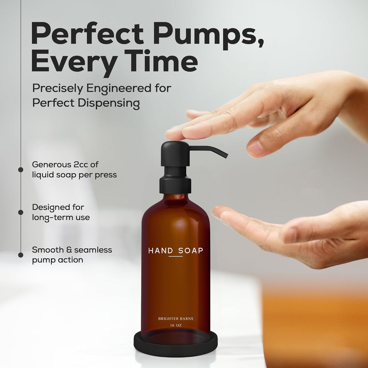 Amber Glass Hand Soap Dispenser Bathroom Set by Brighter Barns - Refillable Liquid Hand Soap Dispenser Tray and Pump Set for Kitchen - Modern Bathroom Decor & Accessories for Airbnb, RV, Hotel (Amber)