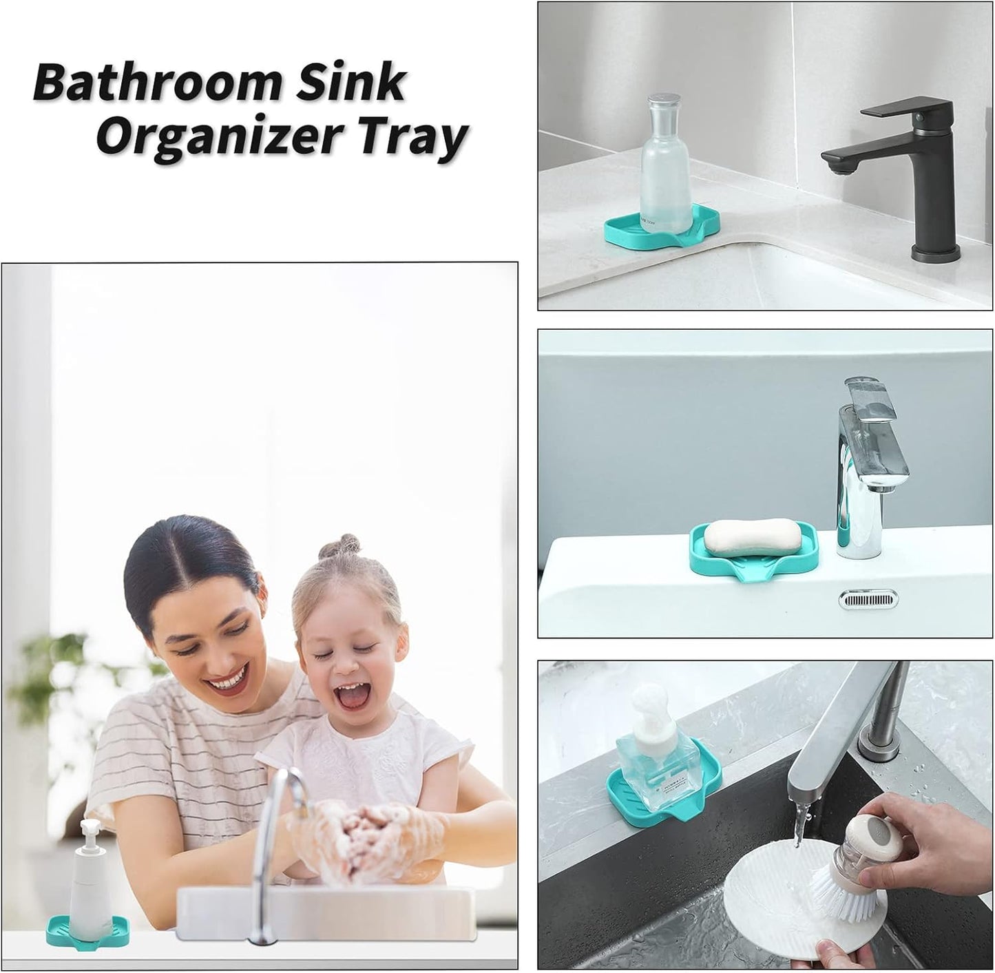 Silicone Bathroom Soap Dishes with Drain Spout-Bathroom and Kitchen Sink Organizer,Sponge Holder,Dish Soap Tray,Perfect for Dispenser,Scrubber,Bottle,Cup on Sink or Counter-Mint 4.9"×3.2"
