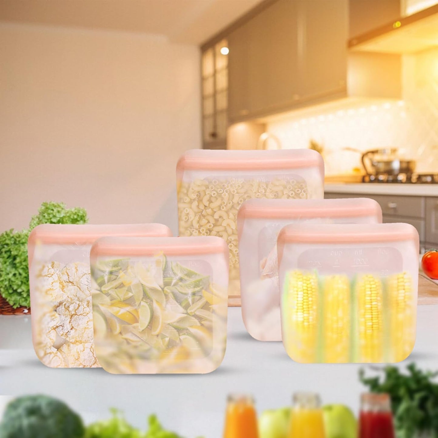 purifyou Set of 5 Reusable Silicone Storage Snack Bags 6oz / 16oz / 32oz / 64oz Self-Seal Food Storage Container for Fruits, Vegetables, Sandwiches, Dishwasher Safe & Leak-free (CloudPink, 32oz)
