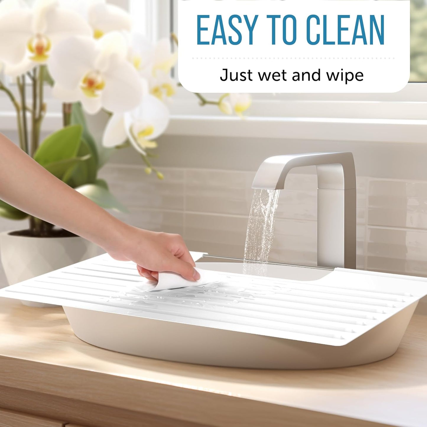 Maplefield Bathroom Sink Cover & Silicone Makeup Mat - White, 22 x 2 x 2 In - Heat Resistant to 400°F - Foldable Roll-Up Design with Raised Ridges - Space-Saving Countertop Mat