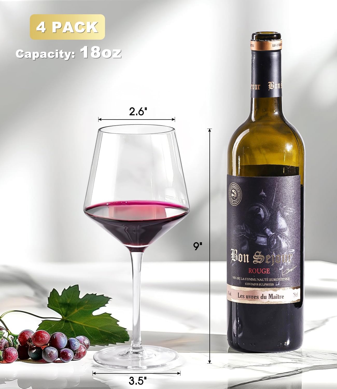 LUNA & MANTHA Red Wine Glasses Set of 4, Crystal White Wine Glass with Long Stem (18 oz), Dishwasher Safe, Hand Blown, Perfect for Daily Use, Party, Father's Day Gift