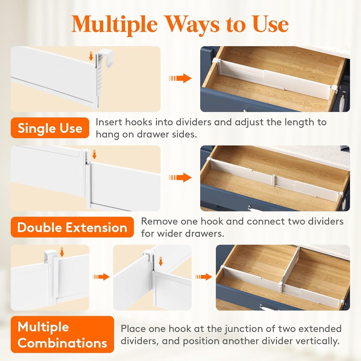 Lifewit Hanging Kitchen Drawer Dividers 3.1" High, 10-17" Adjustable Drawer Organizers for Utensils, Expandable Dresser Separators in Kitchen/Bedroom/Bathroom/Vanity/Office, White(4 Pack)