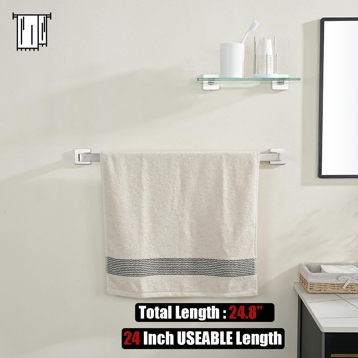 JQK Brushed Towel Bar, Rounded Edges 26.41 Inch Towel Rack, 304 Stainless Steel Bathroom Wall Mount, Useable Length 24 Inch, TB250L24-BN