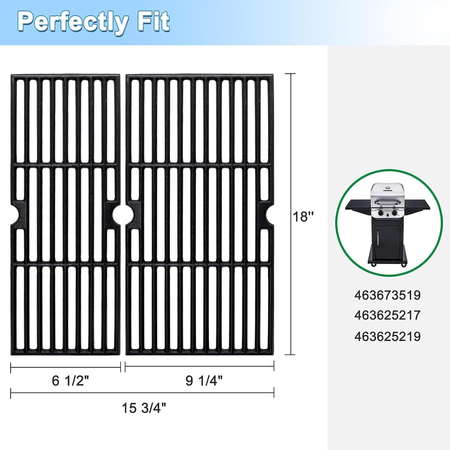 Adviace Grill Grates for Charbroil Performance 2 Burner 463673519 Replacement Parts, Cast Iron Cooking Grate for Char-Broil 463625217, 463625219, G470-0002-W1, G470-0003-W1, G321-0005-W1, G321-0006-W1