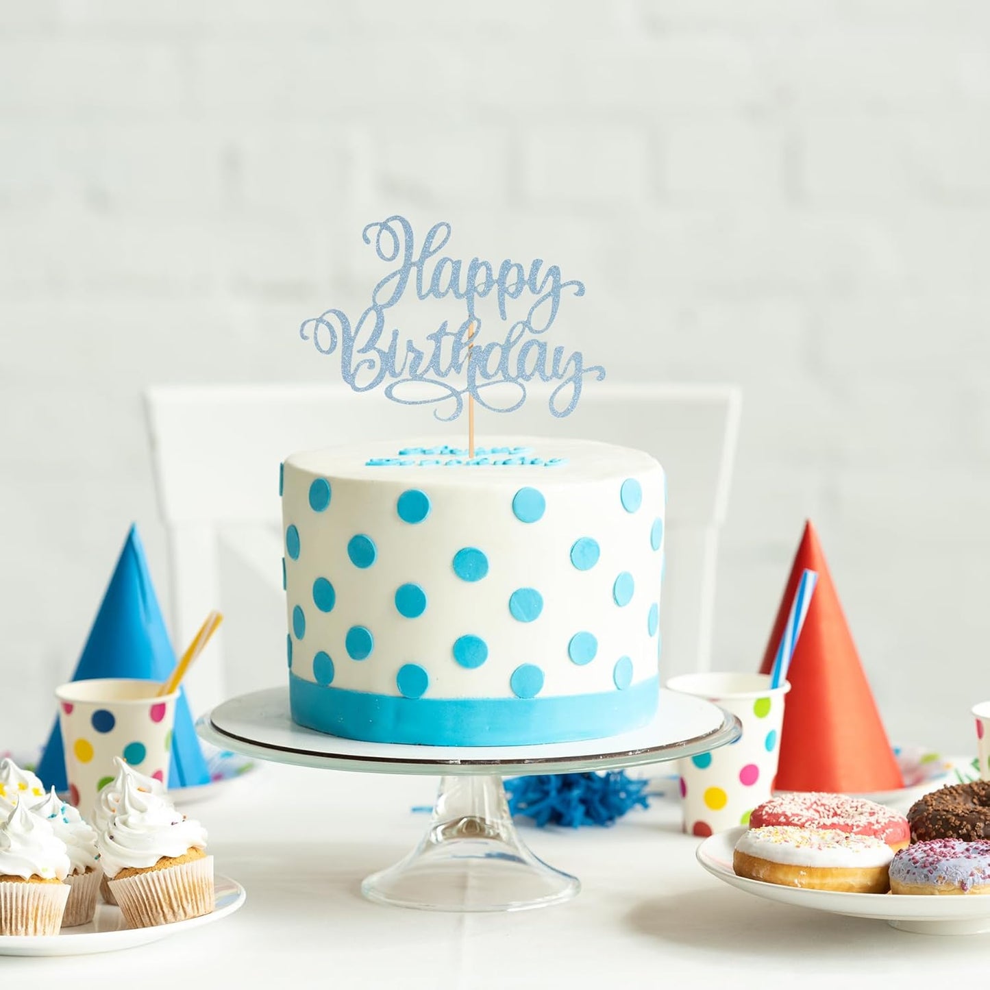 Happy Birthday Cake Toppers 9 Inch Glitter Happy Birthday Cake Pick for Birthday Anniversary Theme Party Cake Decorations Supplies - Litht Blue