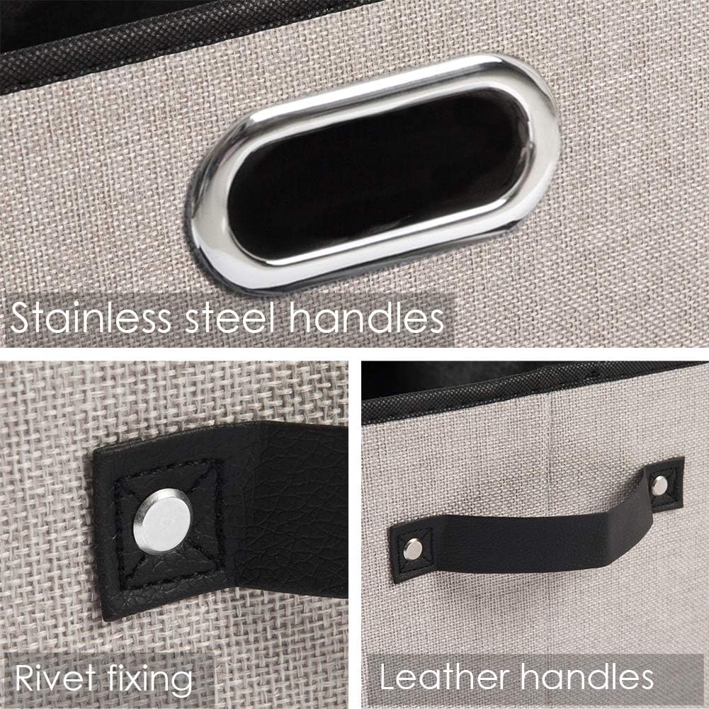 PRANDOM Larger Collapsible Storage Bins for Closet [5-Pack] Decorative Linen Fabric Storage Baskets Cubes with Leather/Metal Handles for Living Room Light Grey (17.3x12.2x10.4 Inch)