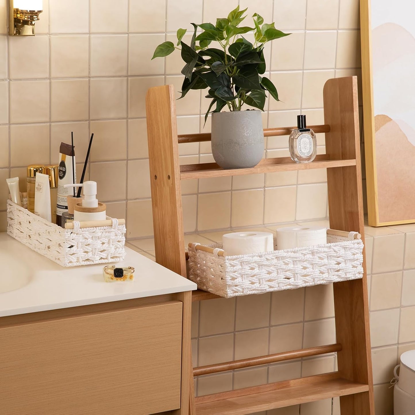 OIAHOMY Toilet Paper Baskets Handmade Paper Rope Decorative Wicker Storage Tank Shelf Cabinet Organizer for Bathroom Home, Set of 2, White