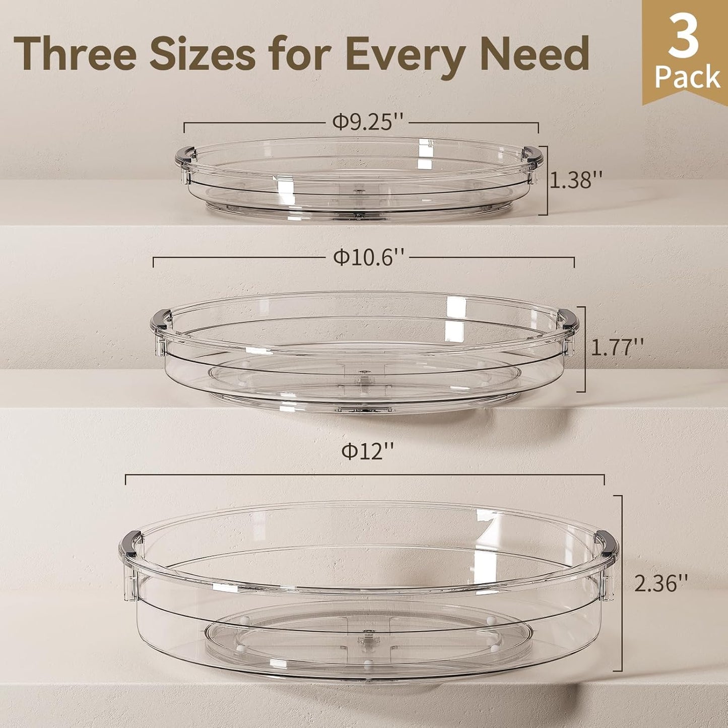 LAMU 3 Pack Lazy Susan Organizer Turntable for Cabinet, Rotating Condiment Organizer for Kitchen Pantry Organizers and Storage, Table Top, Fridge, Countertop, Spice Organization, 9.25'' 10.6'' 12''