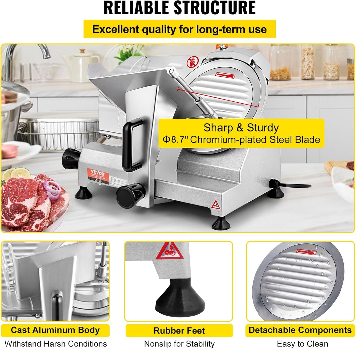VEVOR Commercial Meat Slicer, 200W Electric Deli Food Slicer, 0-12mm Adjustable Thickness Electric Meat Slicer, 1200RPM Meat Slicer with 8.7'' Chromium-plated Steel Blade for Home & Commercial Use