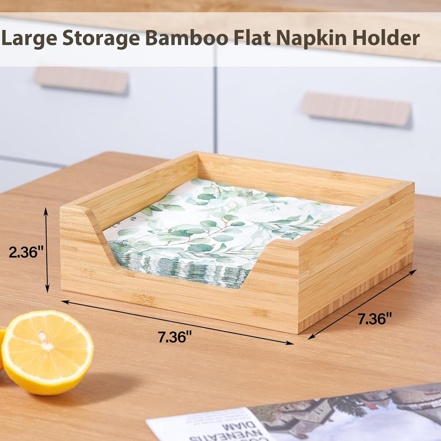 Bamboo Napkin Holder, 7.36" x 7.36" x 2.36" Napkin Holder for Table with Large Side Opening for Easy Access, Large Storage Square Napkin Dispenser, Home Kitchen Dining Tabletop Decor